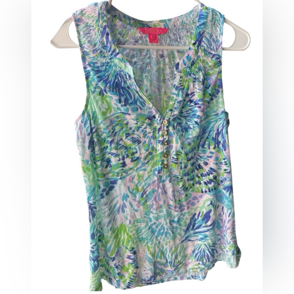 Lilly Pulitzer Essie Tank Top Shell of a Party Blue Size M Sleeveless Printed